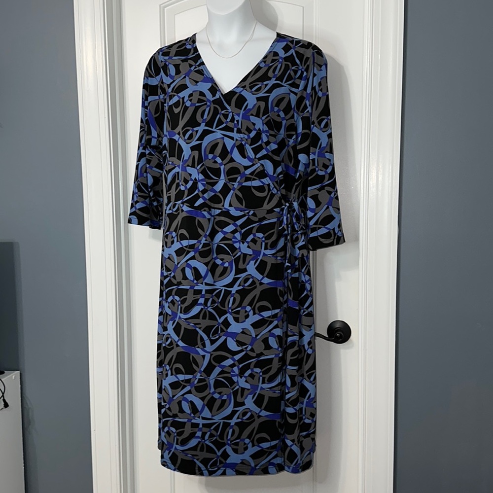 Black & blue faux wrap dress with side tie
